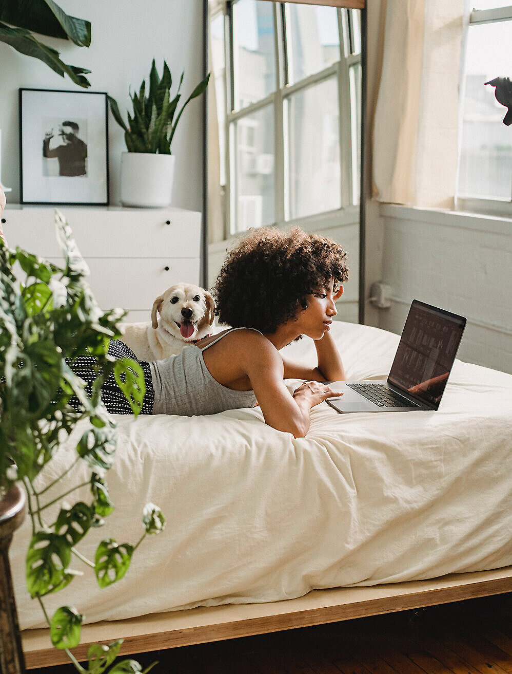 Person liegt entspannt auf dem Bett und arbeitet am Laptop in einem hellen Schlafzimmer mit Pflanzen – digitales Leben in sicherem Zuhause.
