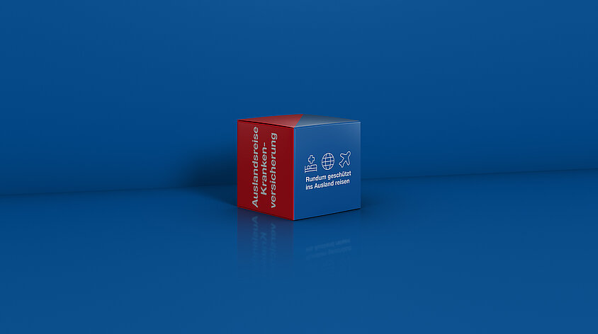 DONAU Auslandsreise Krankenversicherung in Form einer Produktbox auf blauem Hintergrund.